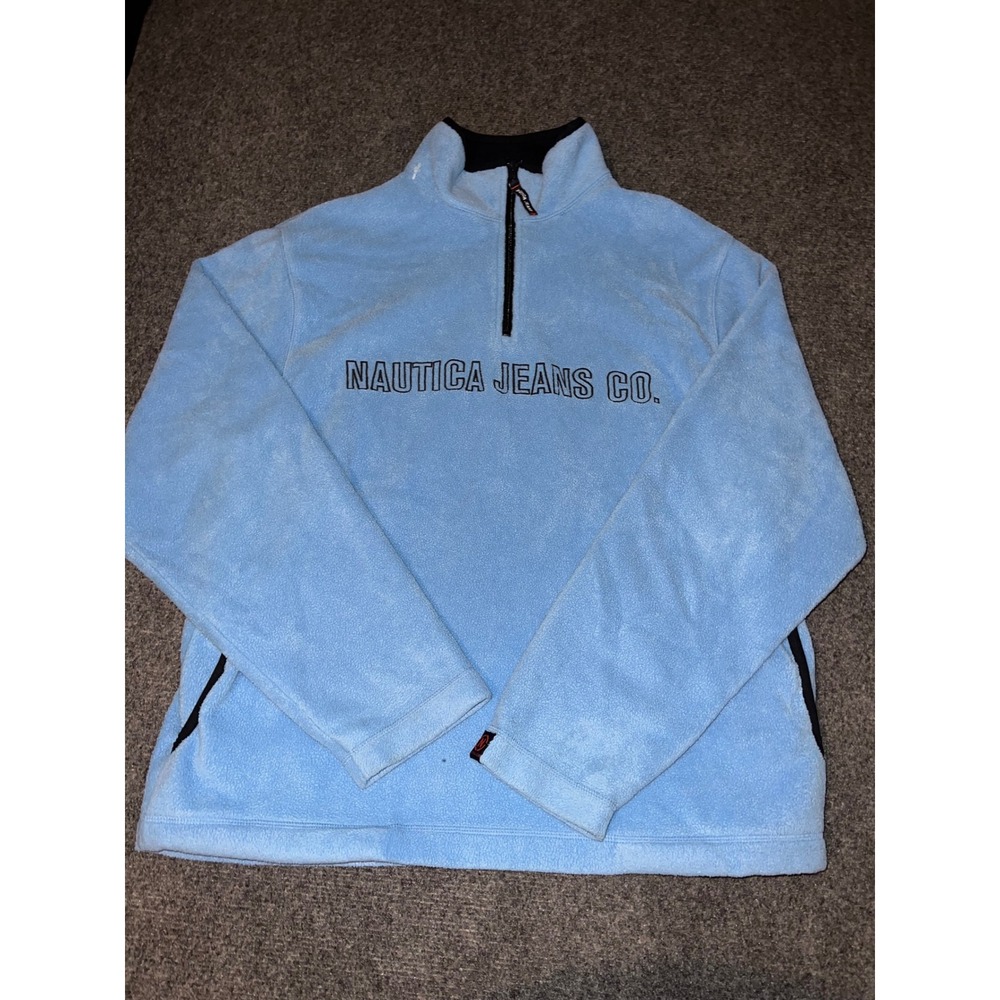 Nautica Jeans Co Mens Light Blue Quarter Zip Fleece Pullover Logo Large